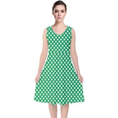  White Shamrocks On Green St  Patrick s Day Ireland V-neck Midi Sleeveless Dress  by PodArtist