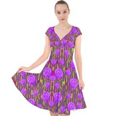 Roses Dancing On A Tulip Field Of Festive Colors Cap Sleeve Front Wrap Midi Dress by pepitasart