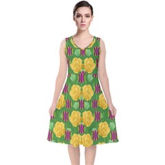 Roses Dancing On  Tulip Fields Forever V-neck Midi Sleeveless Dress  by pepitasart