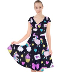 Cute Unicorn Pattern Cap Sleeve Front Wrap Midi Dress by Valentinaart