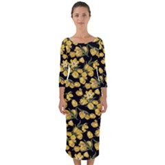 Yellow Roses Quarter Sleeve Midi Bodycon Dress