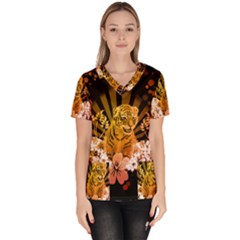 Cute Little Tiger With Flowers Scrub Top by FantasyWorld7