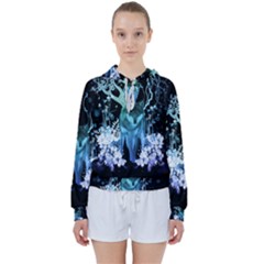 Amazing Wolf With Flowers, Blue Colors Women s Tie Up Sweat by FantasyWorld7