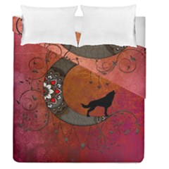 Black Wolf On Decorative Steampunk Moon Duvet Cover Double Side (queen Size) by FantasyWorld7