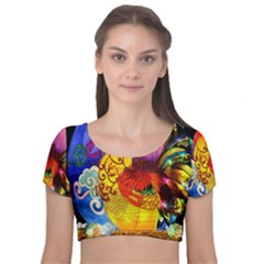 Chinese Zodiac Signs Velvet Short Sleeve Crop Top  by Sapixe