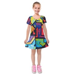 Urban Graffiti Movie Theme Productor Colorful Abstract Arrows Kids  Short Sleeve Velvet Dress by genx