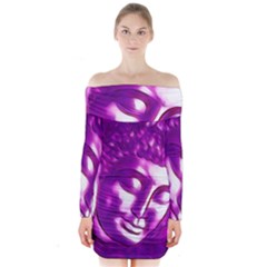 Purple Buddha Art Portrait Long Sleeve Off Shoulder Dress by yoursparklingshop