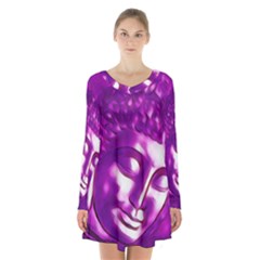 Purple Buddha Art Portrait Long Sleeve Velvet V-neck Dress by yoursparklingshop