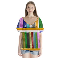 Shelf Books Library Reading V-neck Flutter Sleeve Top
