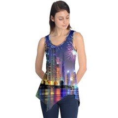 Dubai City At Night Christmas Holidays Fireworks In The Sky Skyscrapers United Arab Emirates Sleeveless Tunic by Sapixe