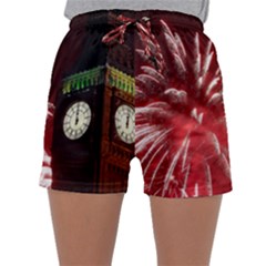 Fireworks Explode Behind The Houses Of Parliament And Big Ben On The River Thames During New Year’s Sleepwear Shorts by Sapixe