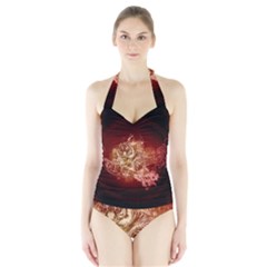 Wonderful Tiger With Flowers And Grunge Halter Swimsuit by FantasyWorld7