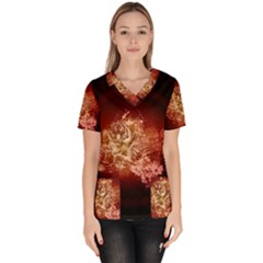 Wonderful Tiger With Flowers And Grunge Scrub Top by FantasyWorld7