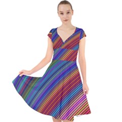 Multicolored Stripe Curve Striped Cap Sleeve Front Wrap Midi Dress by Sapixe