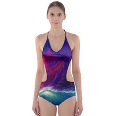 Sunset Orange Sky Dark Cloud Sea Waves Of The Sea, Rocky Mountains Art Cut-out One Piece Swimsuit