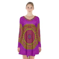 Summer Sun Shine In A Sunshine Mandala Long Sleeve Velvet V-neck Dress by pepitasart