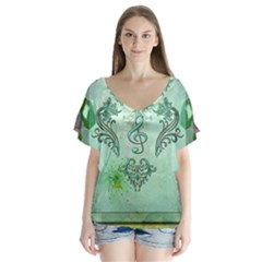 Music, Decorative Clef With Floral Elements V-neck Flutter Sleeve Top by FantasyWorld7