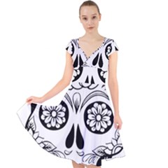 Sugar Skull Cap Sleeve Front Wrap Midi Dress