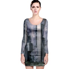 Digital Art City Cities Urban Long Sleeve Bodycon Dress by Simbadda