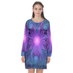 Blown Glass Flower Of An Electricblue Fractal Iris Long Sleeve Chiffon Shift Dress  by jayaprime