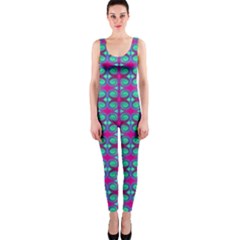 Pink Green Turquoise Swirl Pattern One Piece Catsuit by BrightVibesDesign