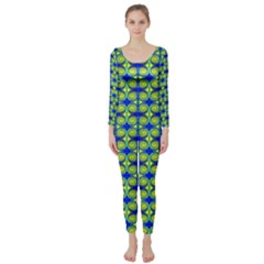 Blue Yellow Green Swirl Pattern Long Sleeve Catsuit by BrightVibesDesign