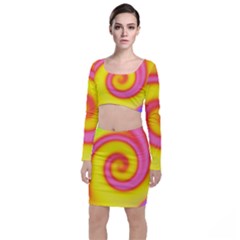 Swirl Yellow Pink Abstract Long Sleeve Crop Top & Bodycon Skirt Set by BrightVibesDesign