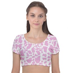 White Pink Cow Print Velvet Short Sleeve Crop Top  by LoolyElzayat