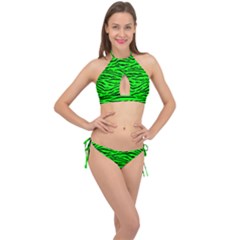 Bright Neon Green And Black Tiger Stripes  Cross Front Halter Bikini Set by PodArtist