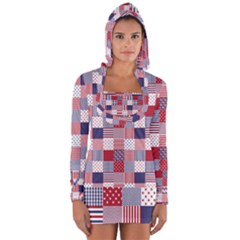 Usa Americana Patchwork Red White & Blue Quilt Long Sleeve Hooded T-shirt by PodArtist