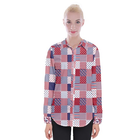 Usa Americana Patchwork Red White & Blue Quilt Womens Long Sleeve Shirt by PodArtist