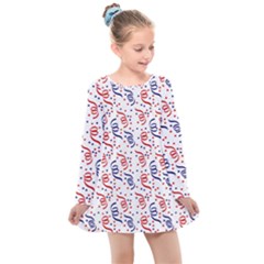 Red White And Blue Usa/uk/france Colored Party Streamers Kids  Long Sleeve Dress by PodArtist