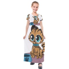 Kitty Cat Big Eyes Ears Animal Kids  Short Sleeve Maxi Dress