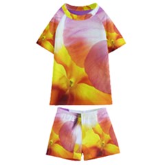 Big Colorful Tropical Yellow And Purple  Kids  Swim Tee And Shorts Set