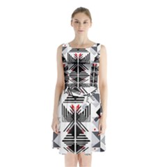 Retro Geometric Red And Black Triangles  Sleeveless Waist Tie Chiffon Dress