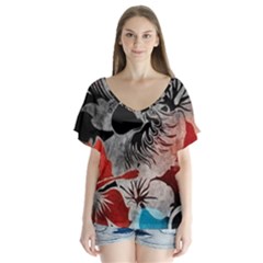 Beautiful Hibiscus Flower Design  V-neck Flutter Sleeve Top by flipstylezfashionsLLC