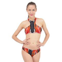 Retro Native Orange Graffiti By Kiekie Strickland High Neck Bikini Set