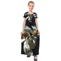 Two White Magnolia Flowers Kids  Short Sleeve Maxi Dress by FunnyCow