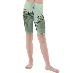 Elegant, Decorative Floral Design In Soft Green Colors Kids  Mid Length Swim Shorts