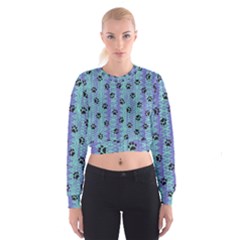 Footprints Cat Black On Batik Pattern Teal Violet Cropped Sweatshirt by EDDArt