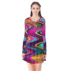 Multicolored Wave Distortion Zigzag Chevrons Long Sleeve V-neck Flare Dress by EDDArt