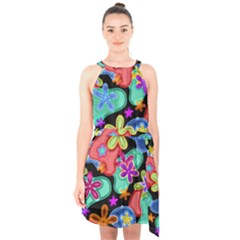 Colorful Retro Flowers Fractalius Pattern 1 Halter Collar Waist Tie Chiffon Dress by EDDArt