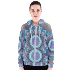 Folk Art Lotus Mandala Blue Turquoise Women s Zipper Hoodie by EDDArt