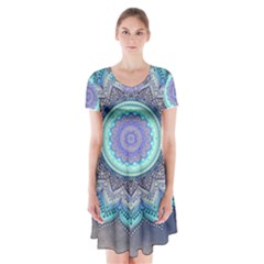 Folk Art Lotus Mandala Blue Turquoise Short Sleeve V-neck Flare Dress by EDDArt