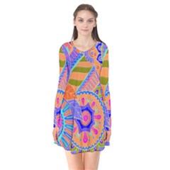 Pop Art Paisley Flowers Ornaments Multicolored 3 Long Sleeve V-neck Flare Dress by EDDArt