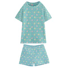 Teal Milk Hearts Kids  Swim Tee And Shorts Set