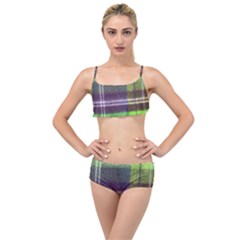 Neon Green Plaid Flannel Layered Top Bikini Set