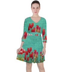 Green Denim Flowers Ruffle Dress