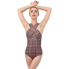 Peach  Plaid Cross Front Low Back Swimsuit