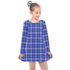 Blue Teal Plaid Kids  Long Sleeve Dress